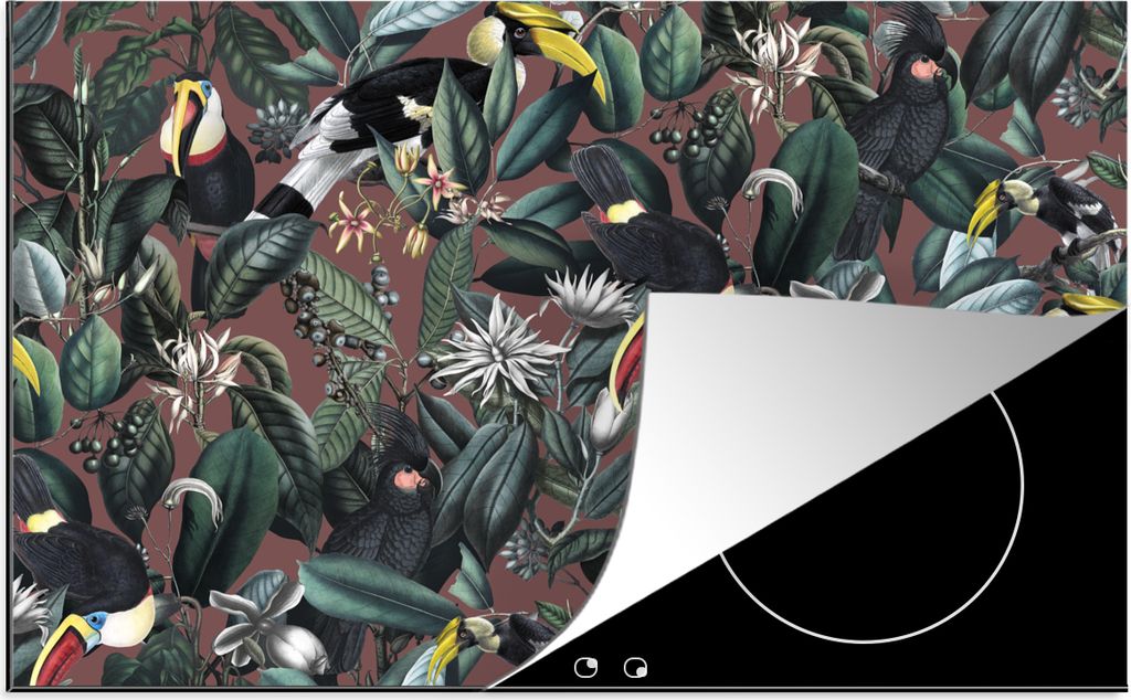 KitchenYeah Herdabdeckplatte Blumen - Vögel - Blätter , 77x51cm, Küche Deko, Glaskeramikkochfeld Herdabdeckung, Abdeckplatte fùr Kochfeld