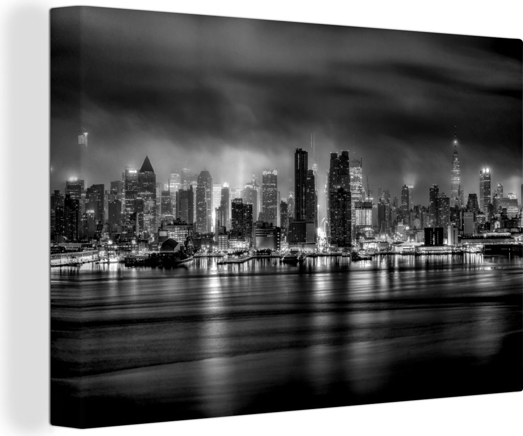 MuchoWow - Leinwandbilder - New York - Sturm - Schwarz - Weiß, Wandbild, Wanddeko Bilder Wohnzimmer, 90x60 cm