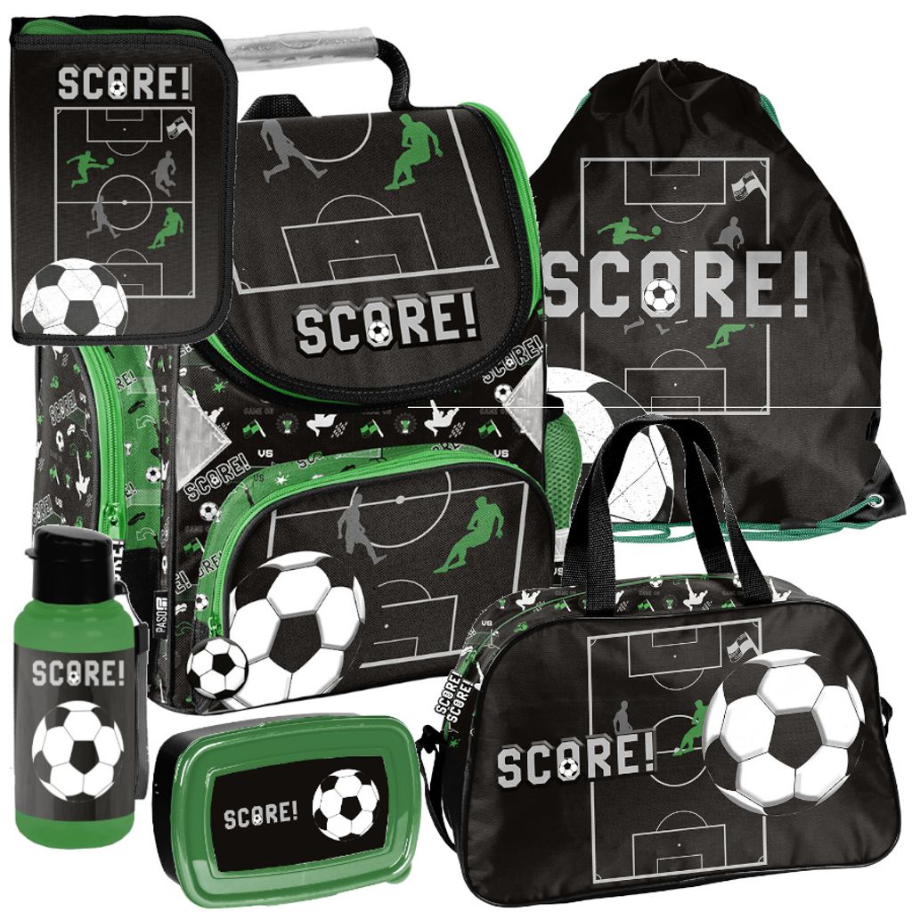 Schulranzen 6-tlg. Set für Mädchen & Jungen FUßBALL SCORE – Paso Ranzen, Mäppchen, Tasche, Flasche, Frühstückstasche
