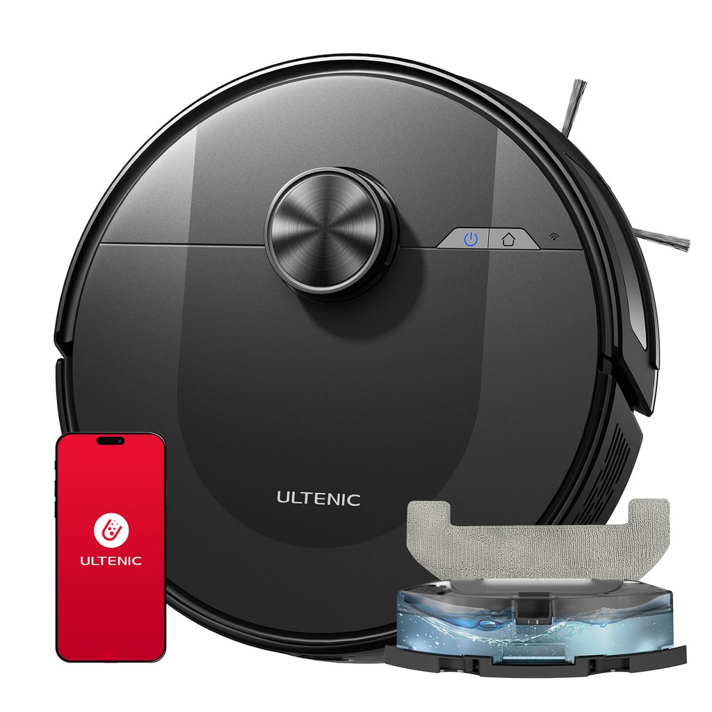 A black robot vacuum cleaner with its accessories, including a smartphone app, is displayed on a white background.