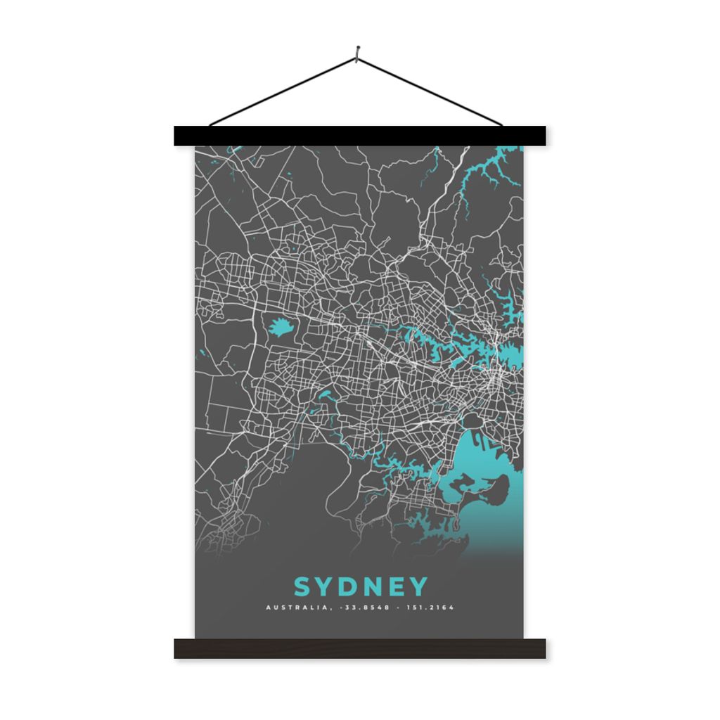 MuchoWow Textilposter Sydney - Stadtplan - Blau - Karte 60x90 cm mit schwarzem Rahmen - Poster Wohnzimmer