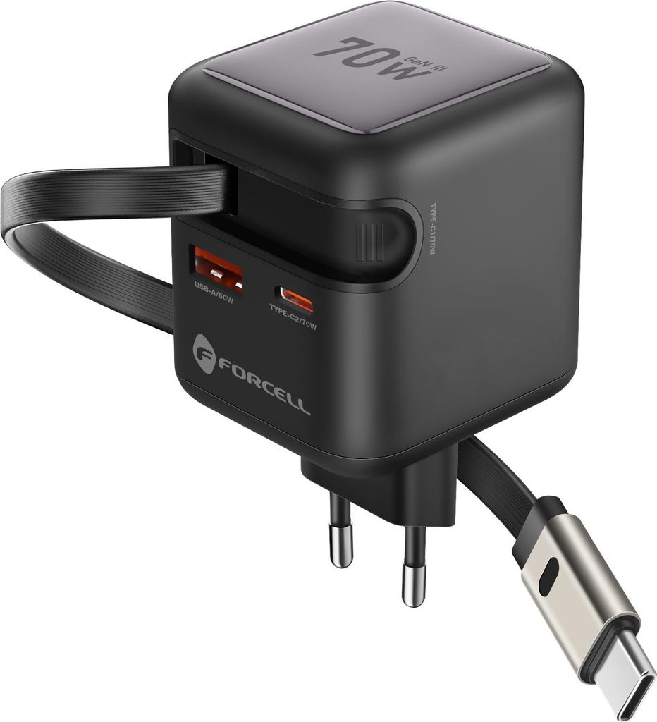 Forcell, 70W GaN III Ladegerät USB-C mit einziehbarem Kabel Produktbild 