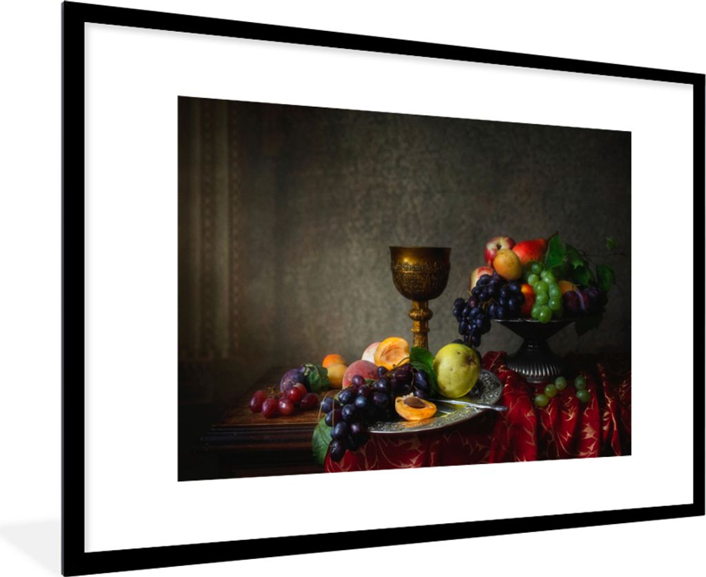 MuchoWow Gerahmtes Poster Rustikal - Tisch - Obst - Stilleben - Tasse 90x60 cm - Poster mit Schwarzem Bilderrahmen Wandposter Rahmen Foto Bilder ...