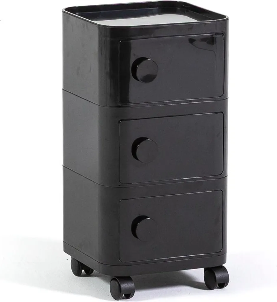Contenitore con 3 scomparti e chiusura magnetica, in plastica ABS con rotelle, design moderno e funzionale per soggiorno, camera da letto, studio e bagno - EDEN - Nero