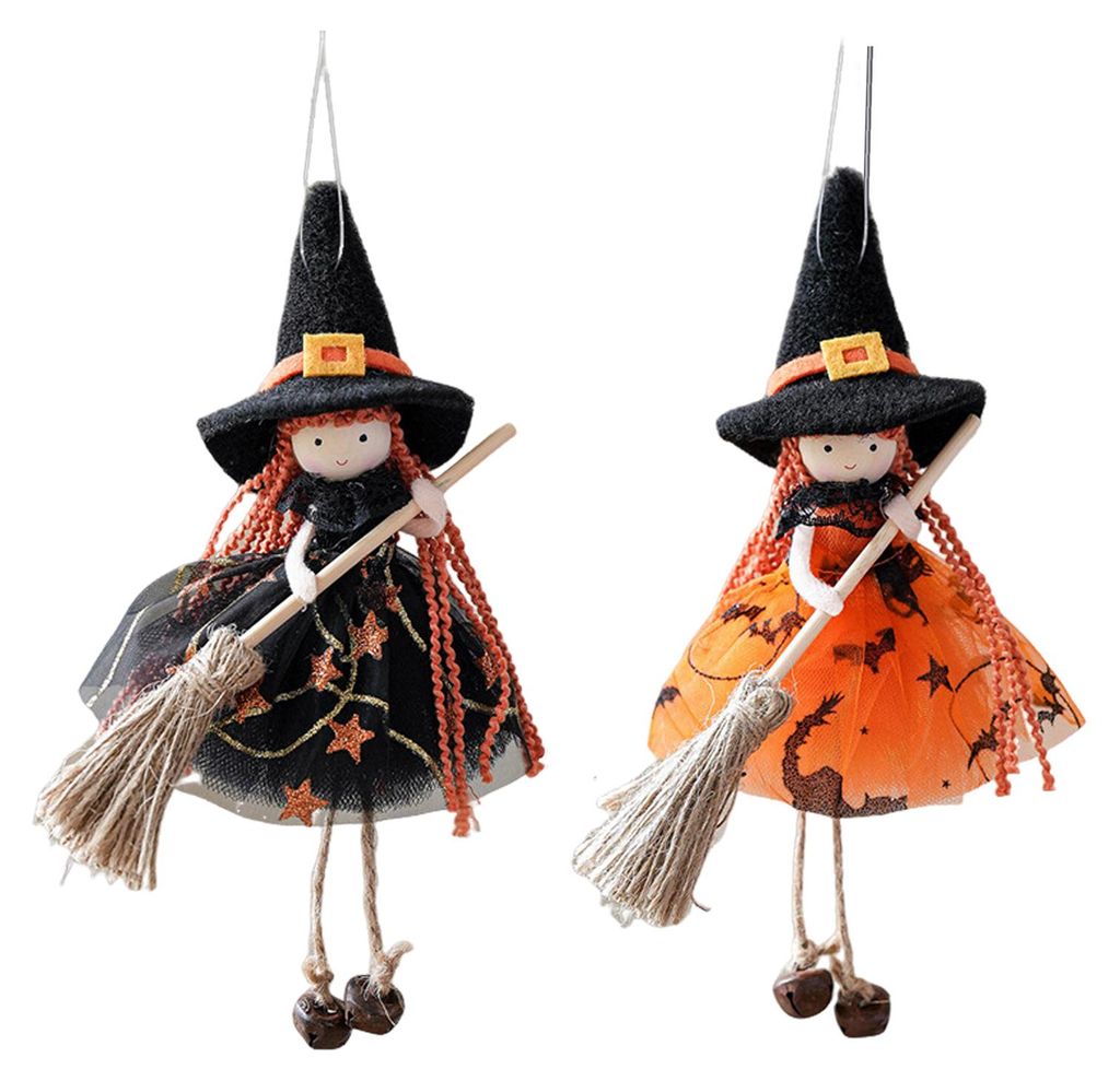 Halloween-Hexenpuppe mit Besen, kleine Hexenfigur mit Gaze-Rock, hängende Hexenfigur für Küche, Zimmer, Tür oder Fenster – Halloween-Dekoration