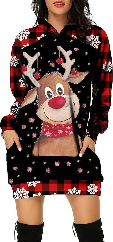ASKSA Damen Rentier Print Kapuzenpullover Winter Langarm Hoodie Pullover Kleid Pulli Weihnachtskleid, C-Schwarz, XL