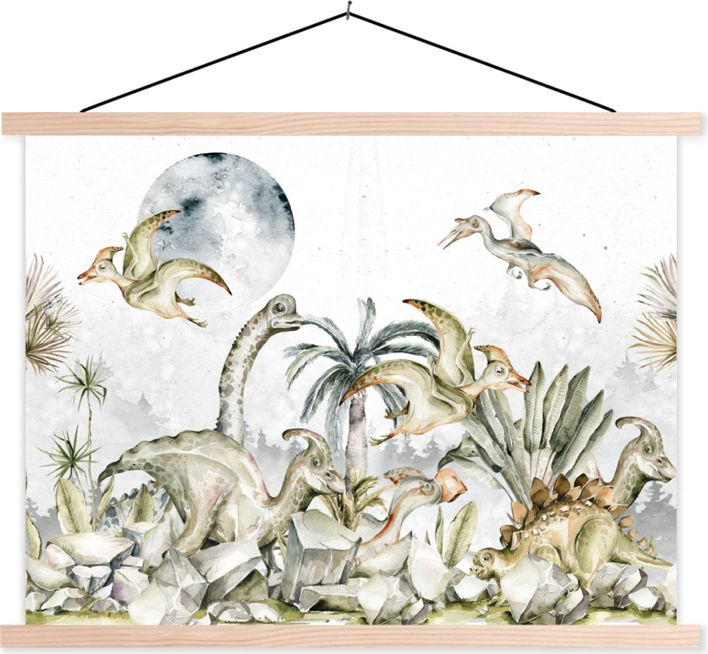 MuchoWow Textilposter Dinosaurier - Kinder - Dschungel - Grün - Tiere - Natur 120x90 cm mit holzfarbenen Rahmen - Magnetisch