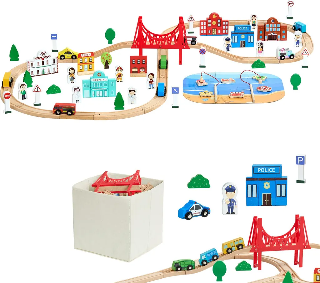 Grand Set de Train en Bois Compatible Multi-marques avec 113 Pièces