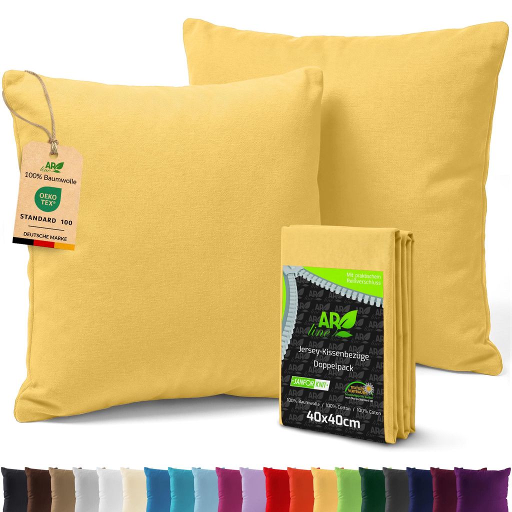 AR Line 2er Pack Jersey Kissenbezüge 40x40 Baumwolle – weich, atmungsaktiv, Kissenhüllen mit Reißverschluss, in Farbe: Gelb