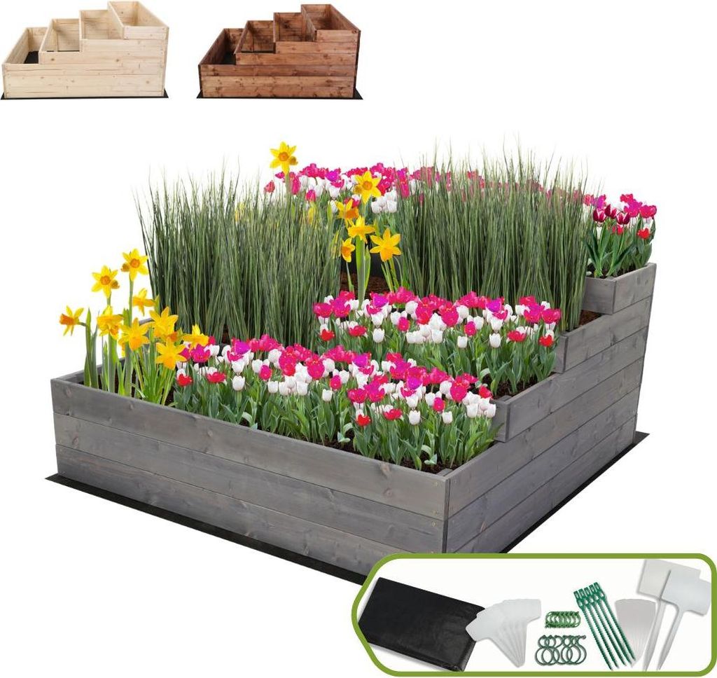 MODO24 Hochbeet Holz, Pflanzkasten, Massivholz, Kiefer, Kräuterbeet, Blumenkasten, Garten, Terrasse, 54x117x120 cm, Grau, ZP07