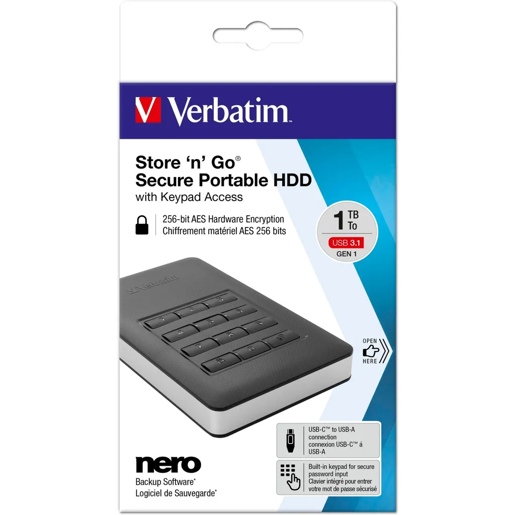 Hard Disk Verbatim 1TB Secure 53401: USB 3.1 e Keypad AES 256-bit - 15