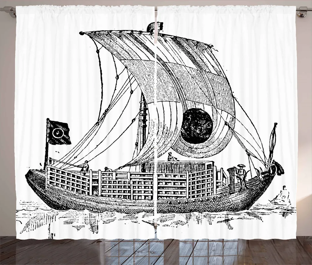 ABAKUHAUS Tenda rustica Vintage Boat, Chinese Sailboat, tenda con passanti e ganci per camera da letto, 280 x 245 cm, nero bianco grigio