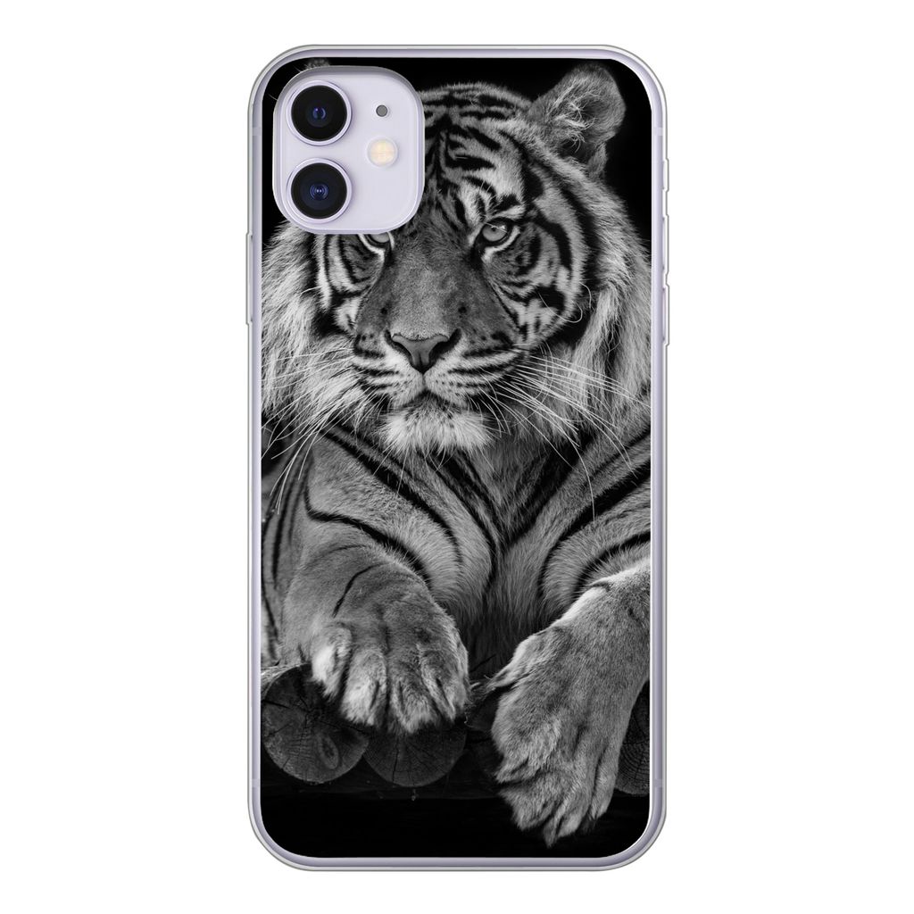 MuchoWow Handyhülle Schutzhülle Hülle für iPhone 11 Sumatra-Tiger auf schwarzem Hintergrund Silikon Softcase Handy Hülle - Handytasche