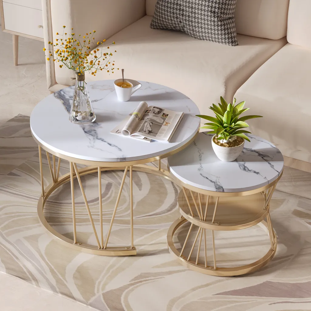 Tavolini da caffè rotondi - Piano in marmo bianco con struttura a V in metallo dorato - Eleganza moderna per il soggiorno