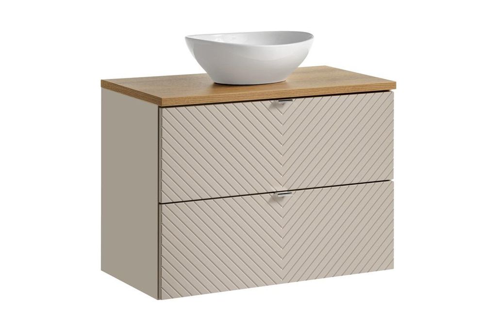 Badmöbel-Set 80 cm mit Arbeitsplatte, Aufsatzwaschbecken & unterschrank, Viva Cashmere V BM276 - Kaschmir Matt/ Evoke Eiche
