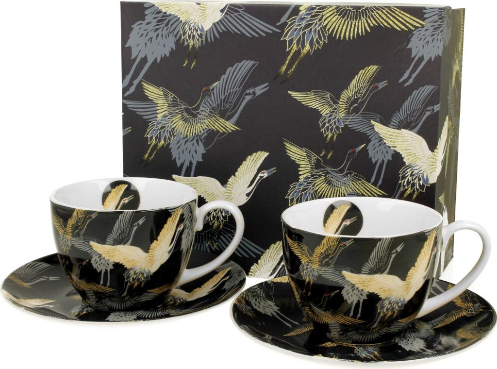 DUO ART GALLERY 2er-Set Tassen 280 ml CRANES AT NIGHT mit Untertassen, New Bone China Porzellan