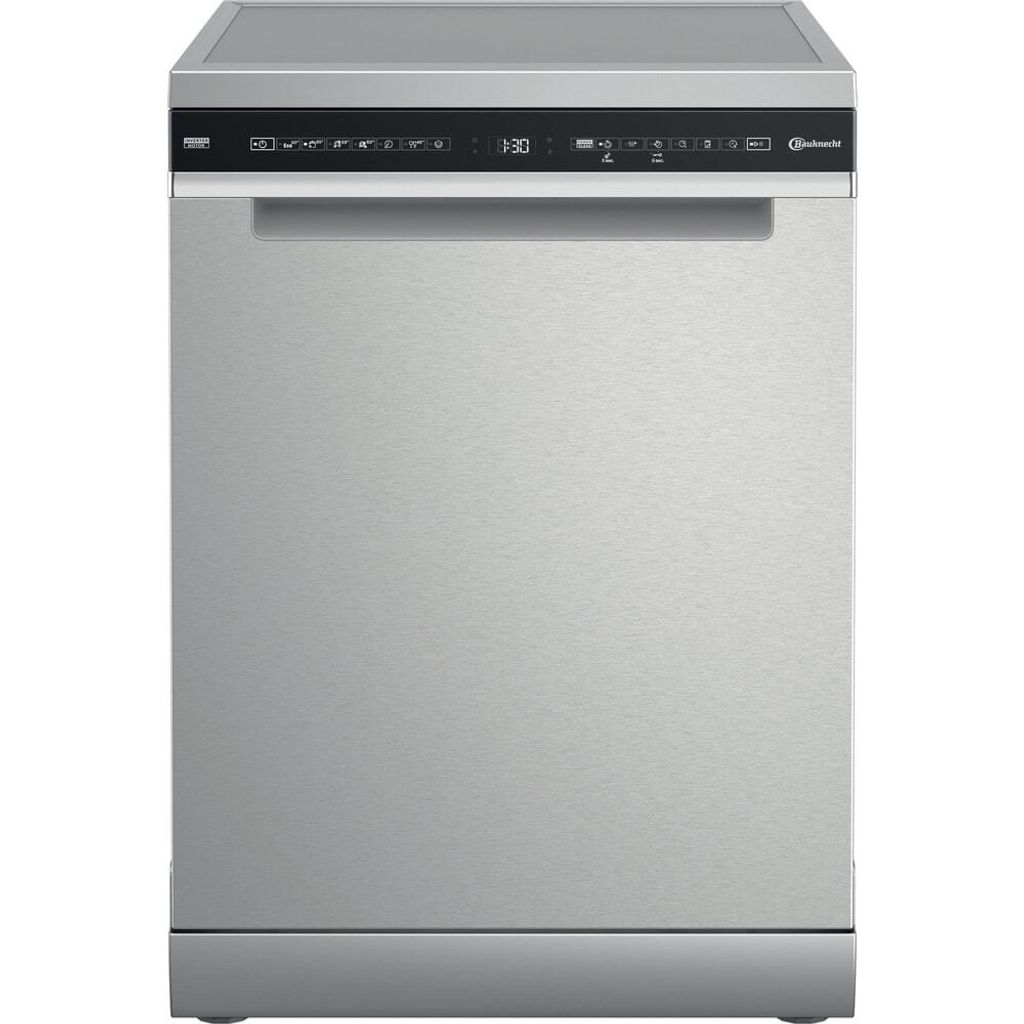 A front view of a silver dishwasher with a black control panel.