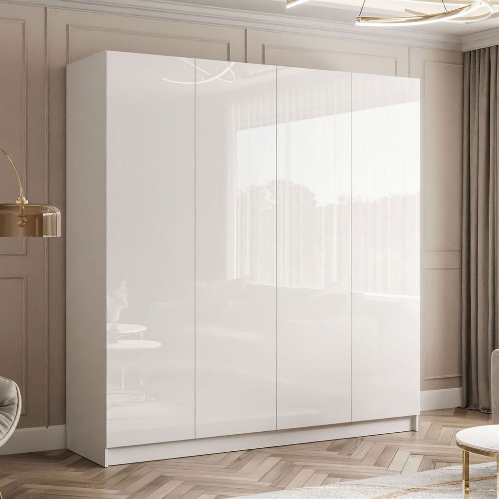 A large, modern, white, high-gloss wardrobe with six doors is shown in a well-lit room with elegant wall paneling and a herringbone patterned floor.