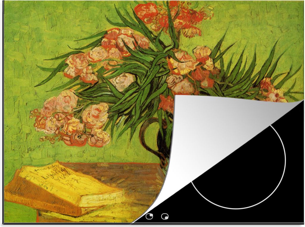 KitchenYeah Herdabdeckplatte Stillleben Vase mit Oleander und Büchern - Vincent van Gogh , 59x51cm, Küche Deko, Glaskeramikfeld Herdabdeckung, ...