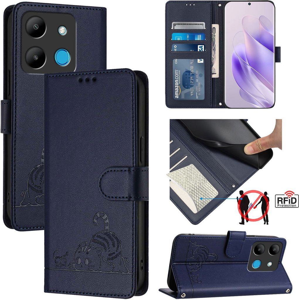 Leder Hülle für Infinix Smart 7 Süße Katze Flip Case Brieftasche Schutzhülle mit Standfunktion Blau