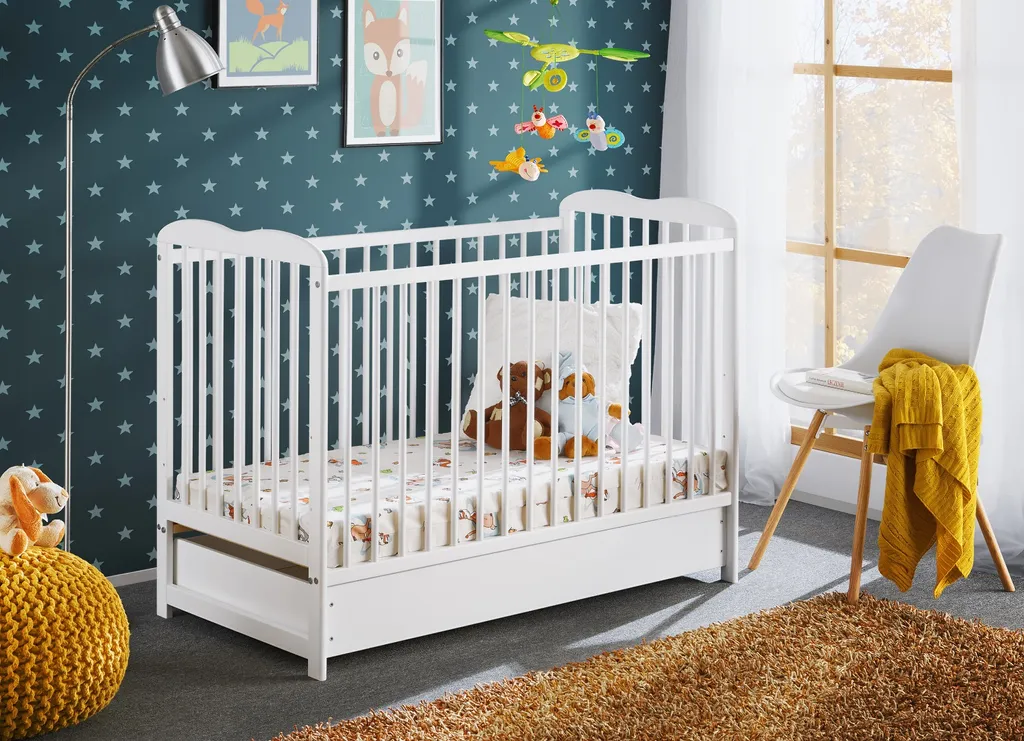 Lit à barreaux 60x120 blanc FINA avec tiroir de lit et matelas inclus