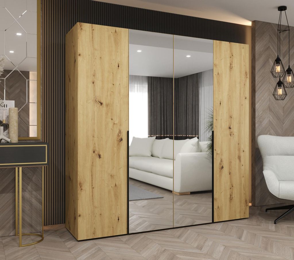 Kleiderschrank 200 cm ASUDA mit Spiegeln – Eiche handwerklich / schwarz