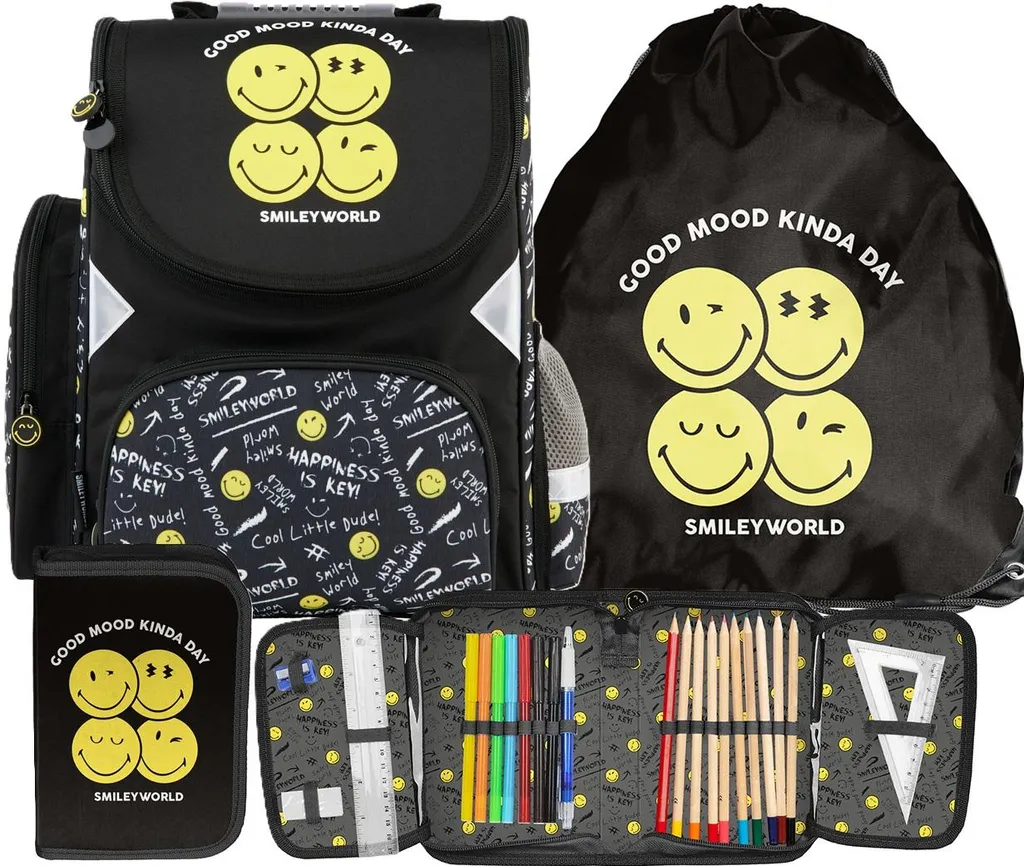Sac à Dos Scolaire SMILEY EMOJI 3 Pièces Idéal pour la Rentrée Primaire
