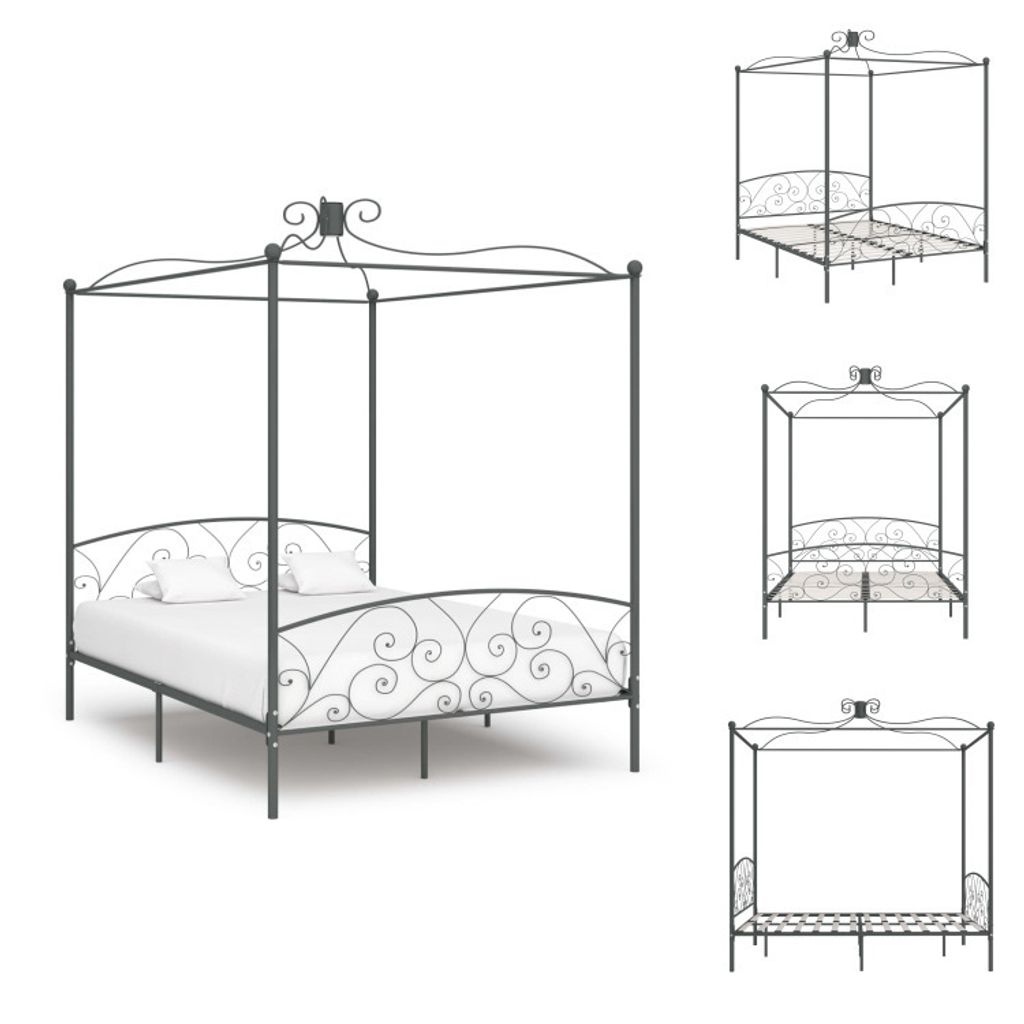 vidaXL Himmelbett-Gestell Grau Metall 160 x 200 cm - Betten & Bettgestelle