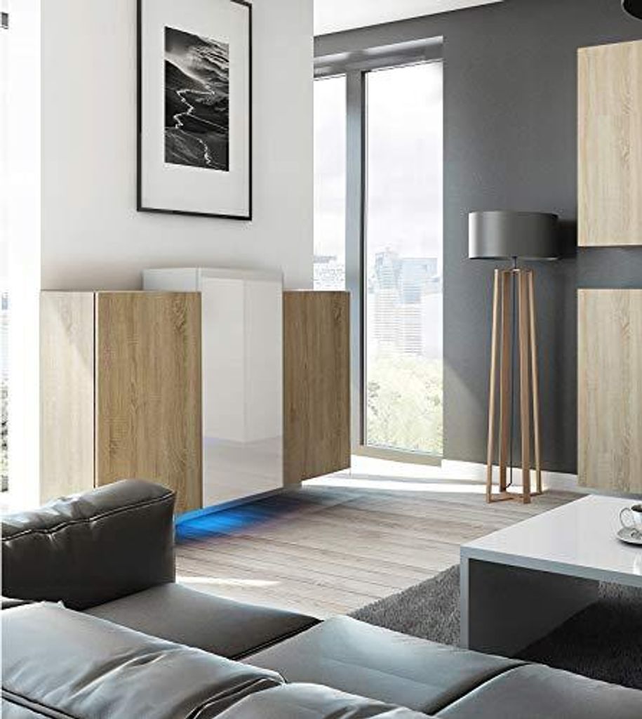 Furnitech K4 Modernes Wohnzimmer, Kommode, Schrank, Sideboard, Schlafzimmer, Esszimmer, Wohnzimmermöbel (LED weiß, K4_HGM_WS_7)