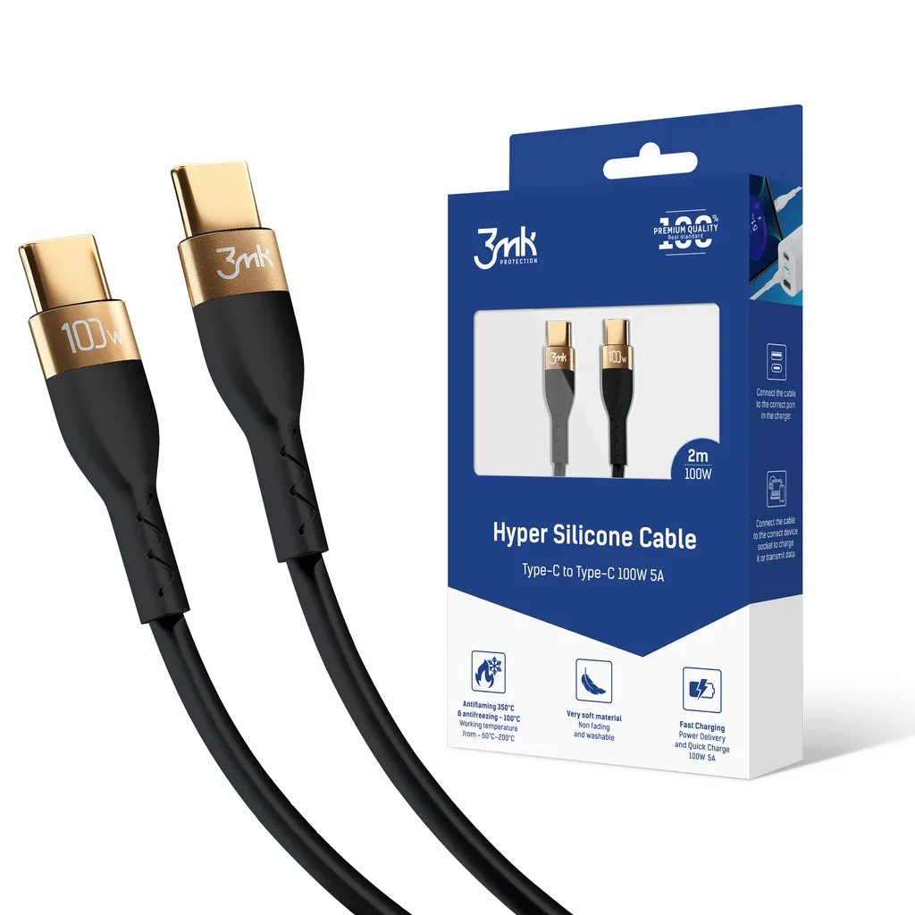 Cavo 3Mk Hyper Silicone USB-C a C 2M 100W Nero | Carica Rapida Laptop