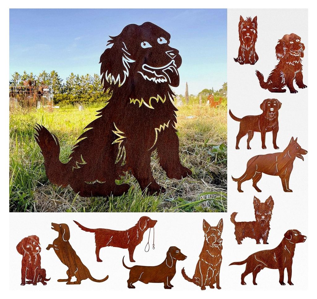 Gartenfigur Hund mit Zunge 50x45cm Gartenstecker Edelrost Gartendeko Wetterfest