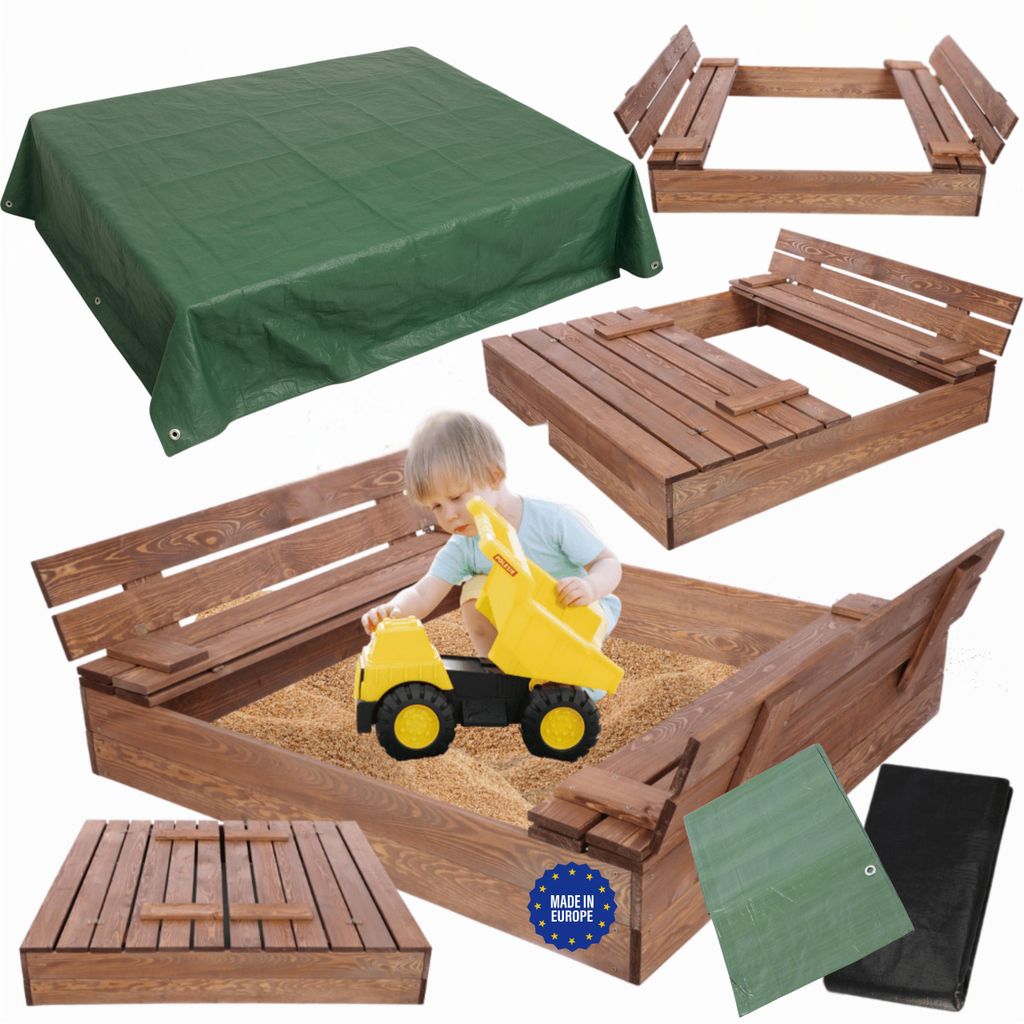MODO24 Sandkasten Holz, Deckel, Sitzbänke, Schutzplane, Holzsandkasten, Kinder, Garten, 120x117 cm, Braun Imprägniert, PIA