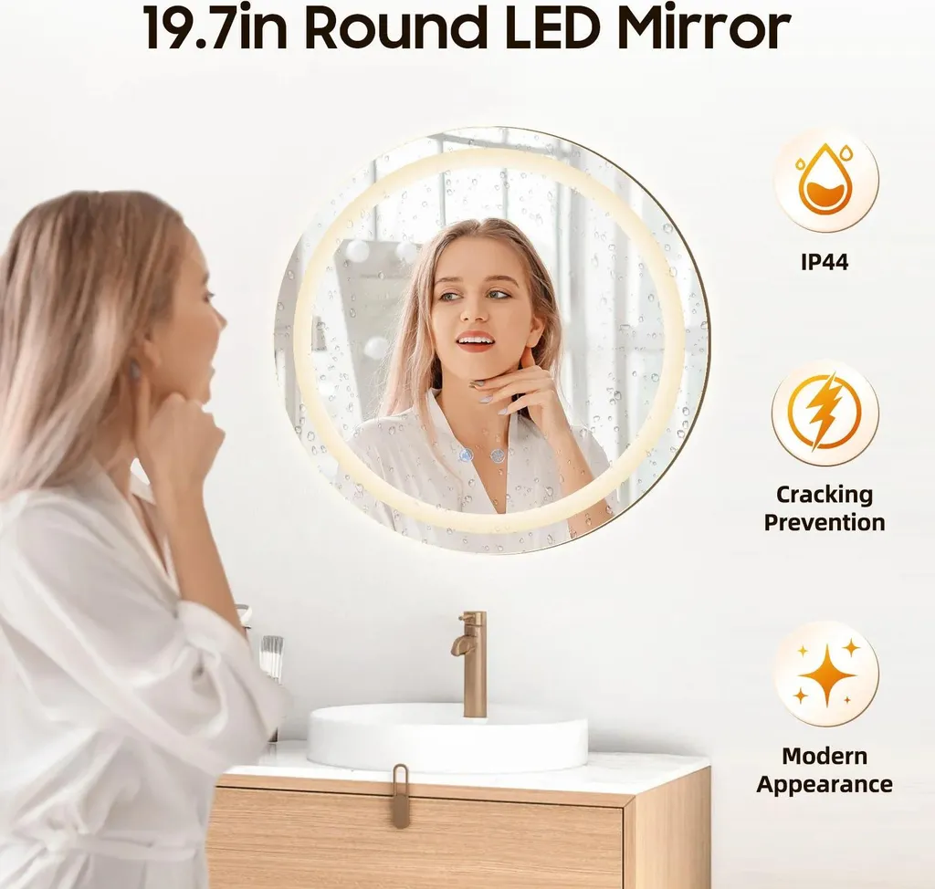 Miroir lumineux rond avec éclairage LED ajustable et fonction désembuage
