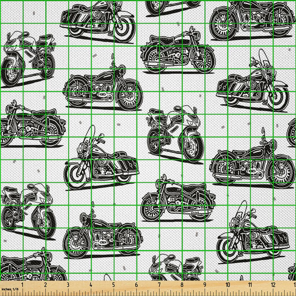 ABAKUHAUS Motorrad Satin Stoff als Meterware, Retro- Motorrad-Zeichnungen von altmodischen und modernen auf weißem Hintergrund, 1 M (148 x 100 cm)...