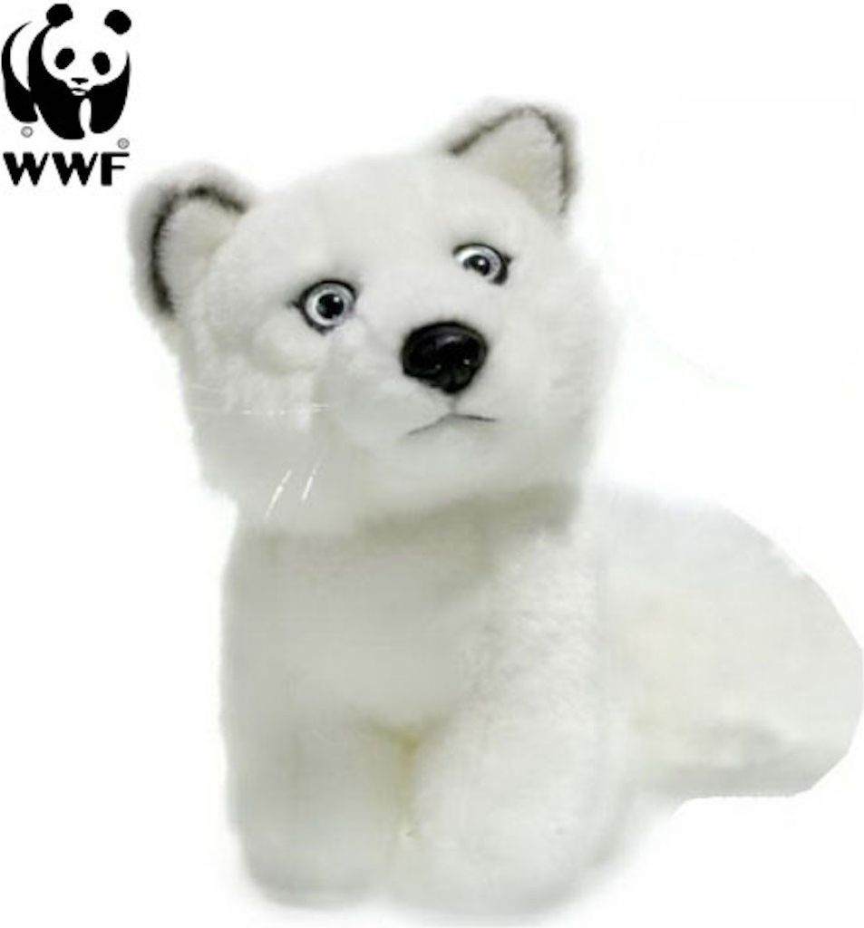 A plush toy polar fox cub with the WWF logo in the background.