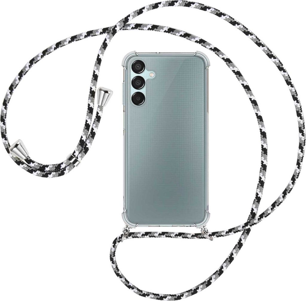 Handykette Backcover-Schutzhülle mit Band (Metall silberfarben) für Samsung Galaxy M15 / F15 5G - schwarz/grau/weiß