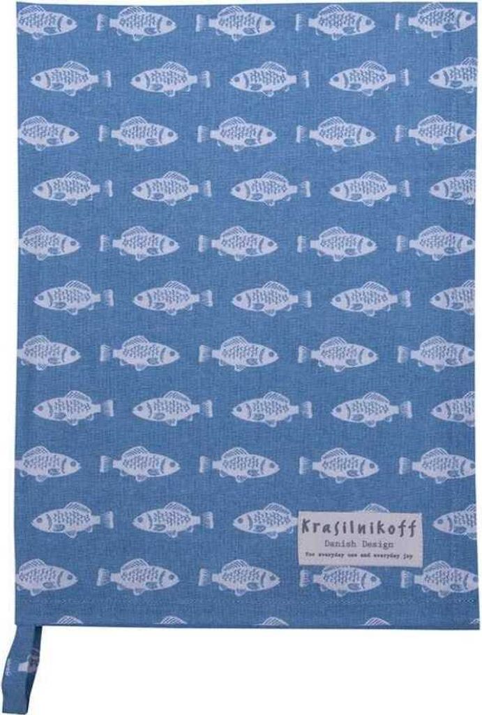 Krasilnikoff Geschirrtuch FISCHE DUSTY BLUE Blau mit weißen Fischen