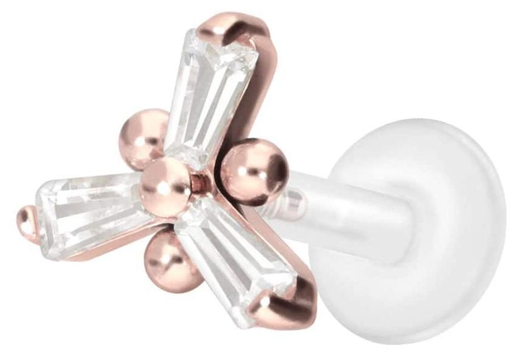 Ohrpiercing, Nasenpiercing PTFE Labret mit Innengewinde + Titan-Aufsatz KRISTALLBLUME RoséGold Stablänge: 6mm | Stabstärke: 1,2mm