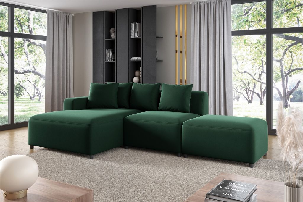 Ecksofa Designersofa MEGAN XS inkl. Hocker Stoff Salvador Dunkelgrün Ottomane Links