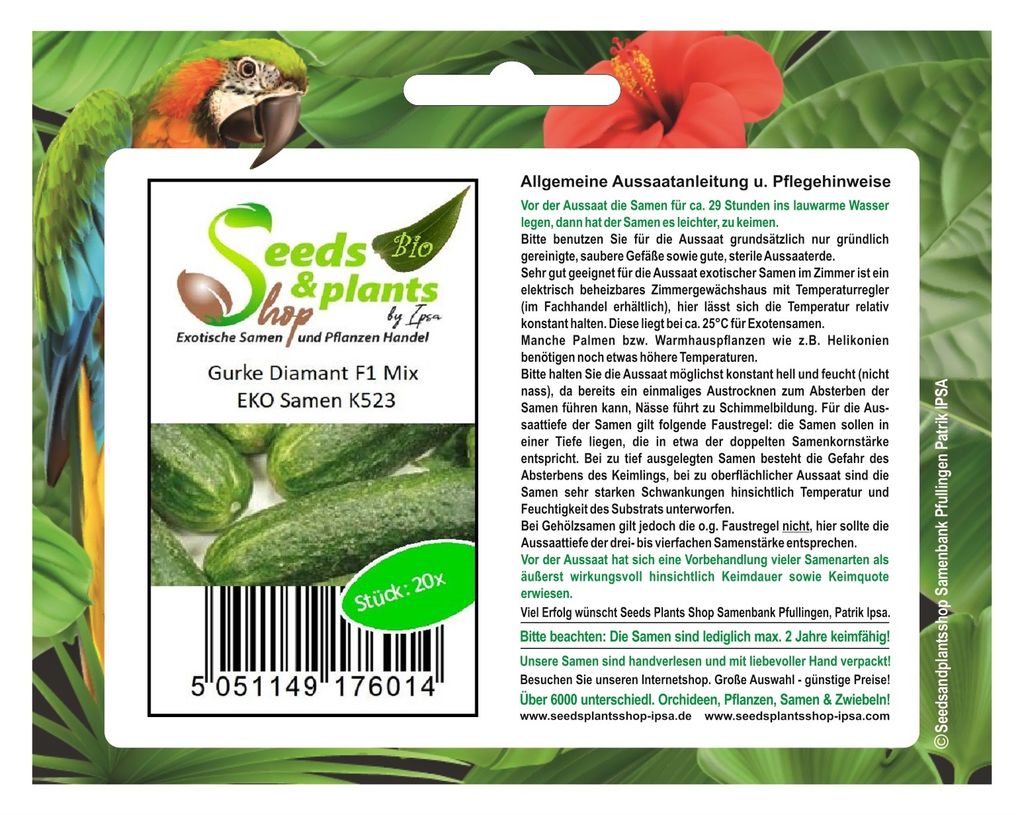 20x Gurke Diamant F1 Mix EKO Gurken Gemüse Pflanzen - Samen K523