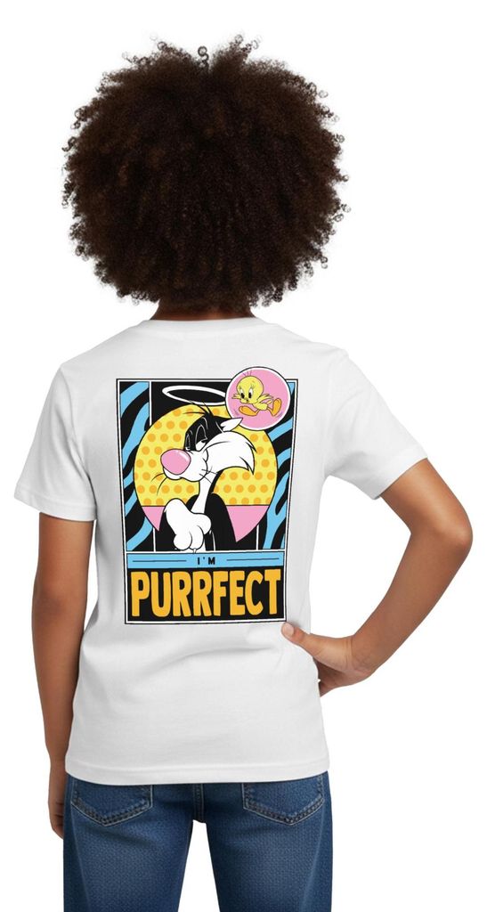 Spreadshirt Looney Tunes Kater Sylvester I'm Purrfect Perfekt Kinder T-Shirt, 110/116 (5-6 Jahre), Weiß