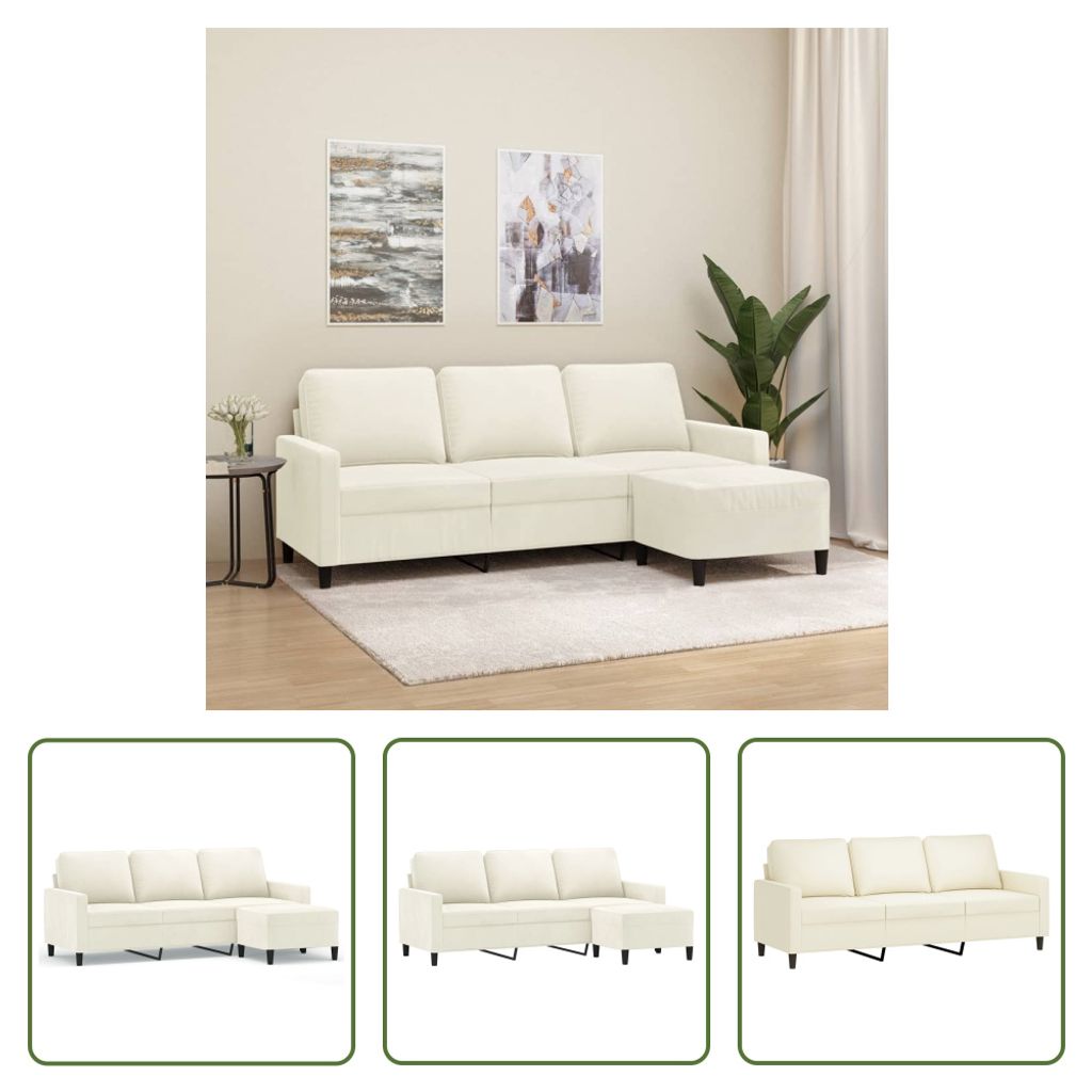 The Living Store 3-Sitzer-Sofa mit Hocker Creme 180 cm Samt