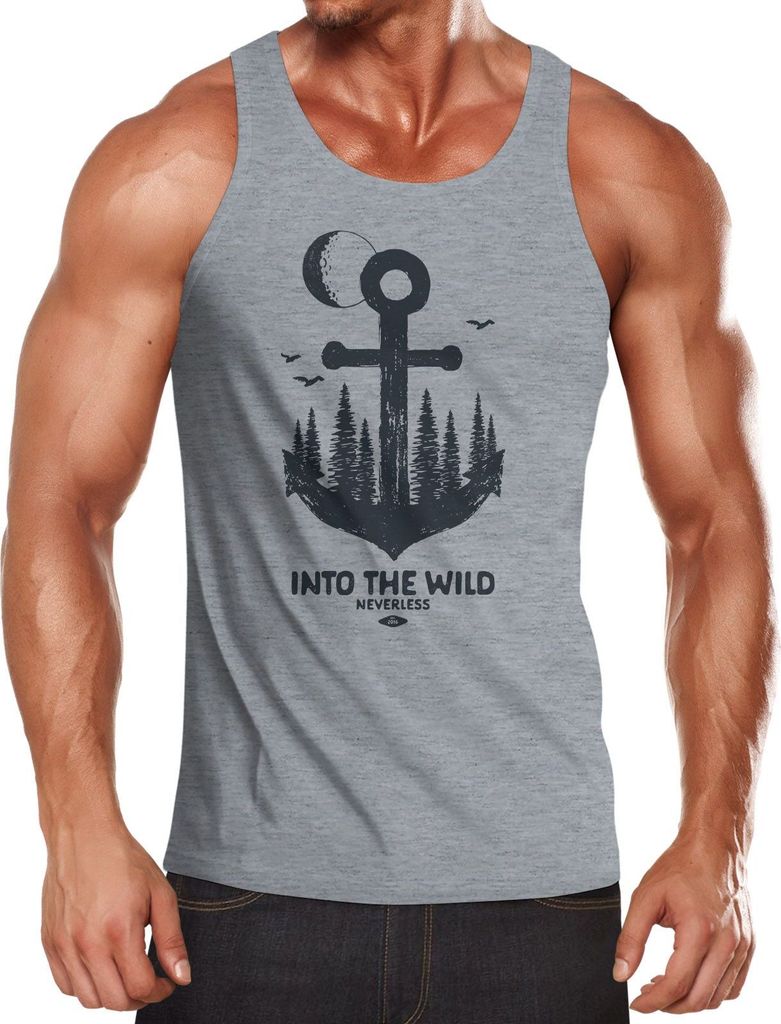 Herren Tank-Top Anker Wald Mond Vögel Adventure Vintage Muskelshirt Muscle Shirt Neverless grau L