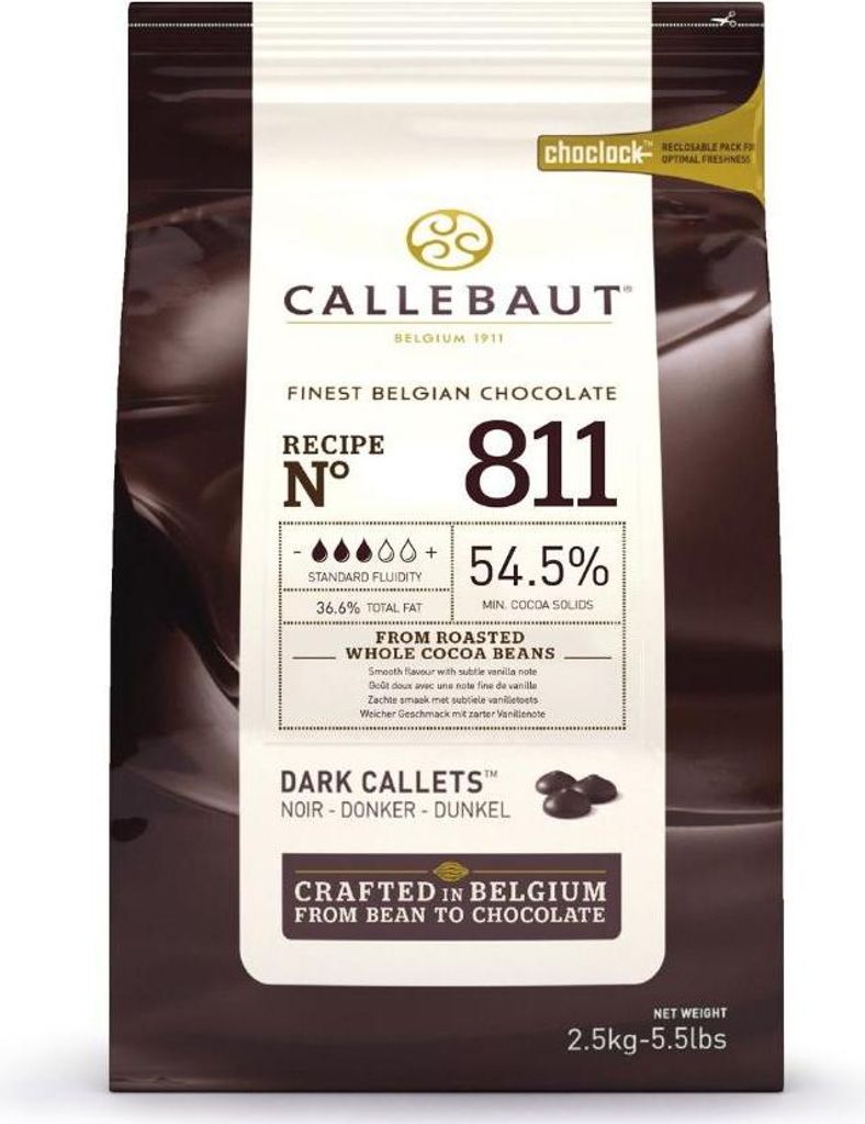 A bag of Callebaut dark chocolate callets.