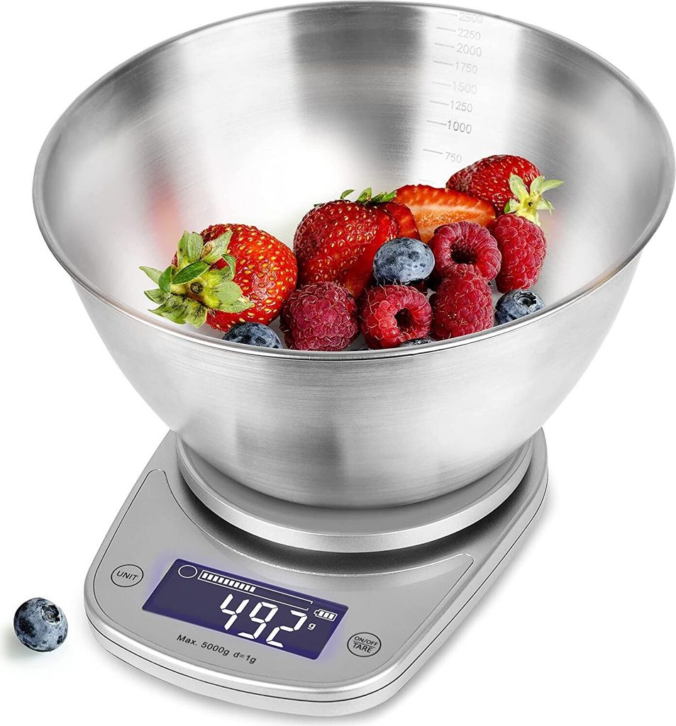 Duronic KS5000 SR/SS Küchenwaage | 5 kg Digitalwaage oval mit 2,5 L abnehmbarer Schüssel | 1 g grammgenau Präzision-Feinwaage | Haushaltswaage m...