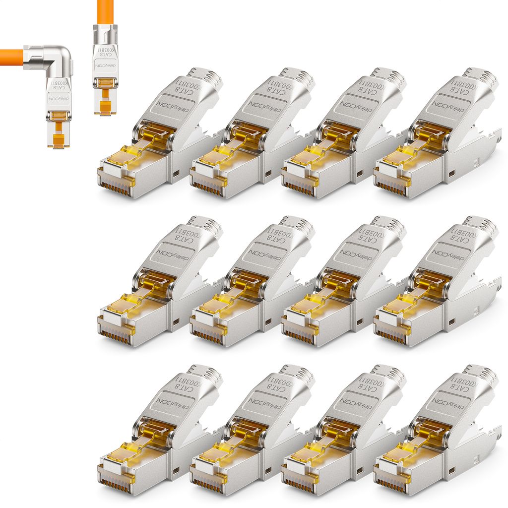 deleyCON 12x CAT 8 Netzwerkstecker 90° Winkel Stecker RJ45 Werkzeuglos Geschirmt 40Gbit/s Netzwerk Stecker für Rohkabel Verlegekabel Steckverbind...