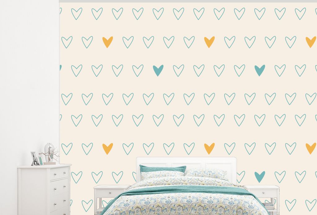 MuchoWow Fototapete für Wohnzimmer oder Schlafzimmer Wandtapete Vinyl Motivtapete Minimalismus - Muster - Baby - Herz - 300x240 cm - Fototapeten