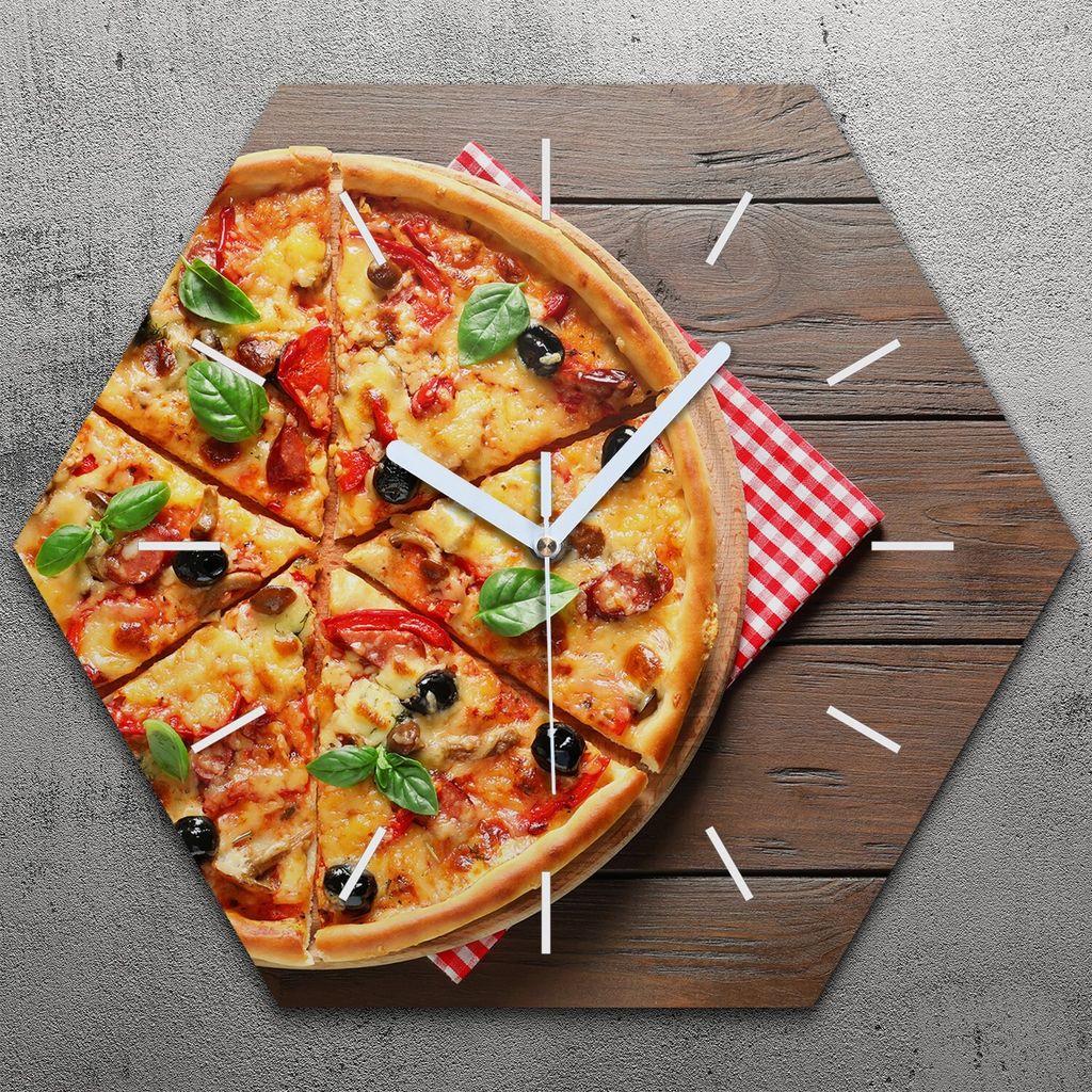 Uhr hexagonal 40 cm Glas Geräuschlos weiße Zeiger - Pizza Oliven Würstchen