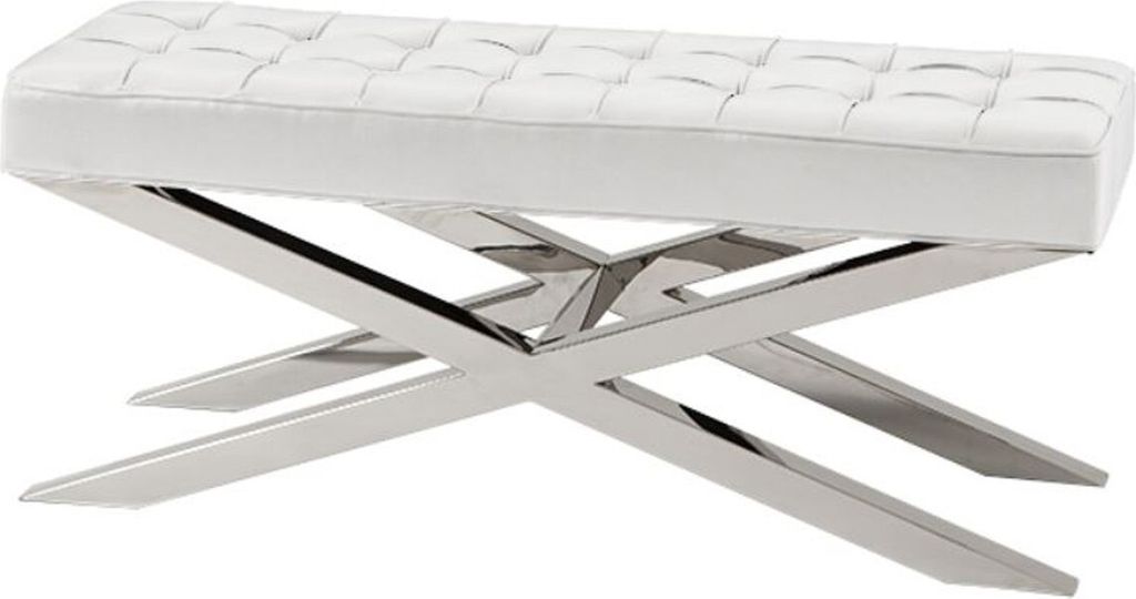 Casa Padrino Luxus Sitzbank in silber mit weißer Lederoptik 120 x 42,5 x H. 53,5 cm - Designermöbel