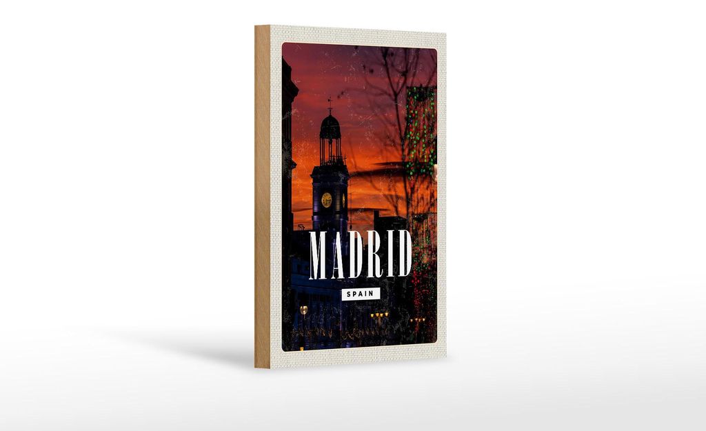 Holzschild Reise 12x18 cm Madrid Spain Sonnenuntergang Dekoration